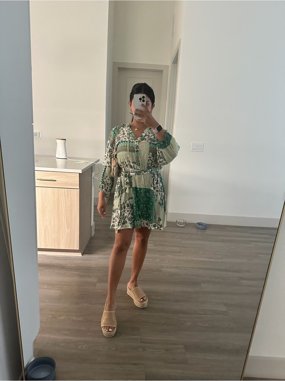 Green Patchwork Print V-Neck Mini Dress